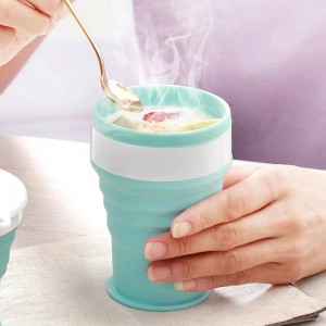 Anti slip and non hot hand folding cup with strap, portable, foldable, and able to hold boiling water compressed silicone folding cup